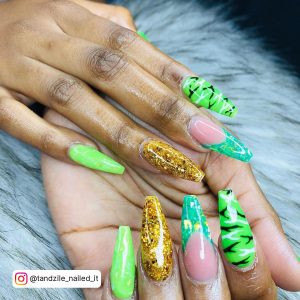 Coffin Green And Gold Nails