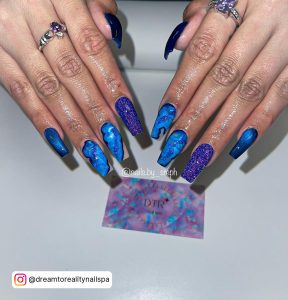 Coffin Nails Blue With Glitter And Marble Design