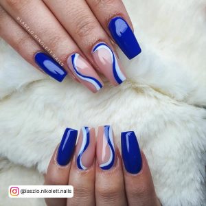 Coffin Navy Blue Nails With White Swirls