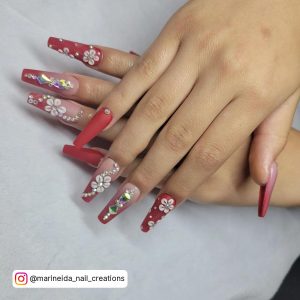 Coffin Red Nails With Diamonds