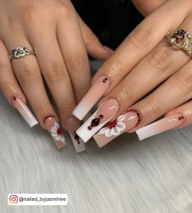Coffin Red Nails With Diamonds