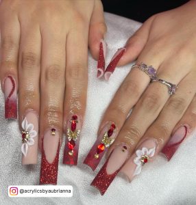 Coffin Red Nails With Glitter