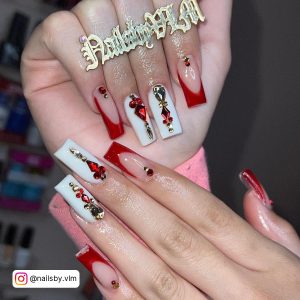 Coffin Red Nails With Rhinestones