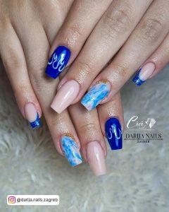 Coffin Royal Blue Nail Designs With Nude Shade