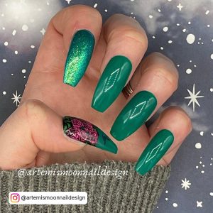 Coffin Sage Green Acrylic Nails With Designs