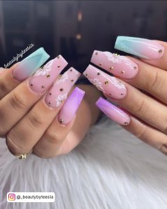 Cotton Candy Pink And Blue Ombre Nails With Flowers