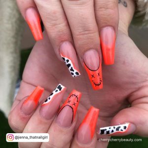 Cute Black And Orange Nails With French Tips