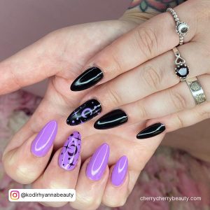 Cute Black And Purple Nail Designs With Moon And Stars