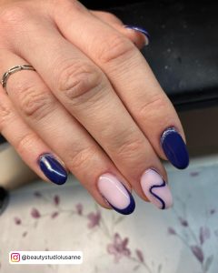 Cute Dark Blue Nails With Swirls