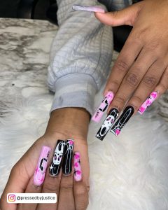 Cute Long Black Nails With Pink Combination
