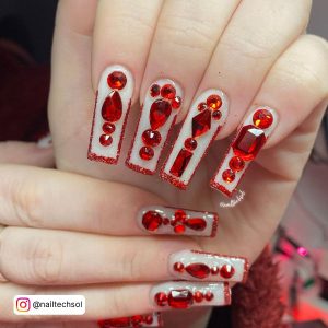 Cute Red Nails With Rhinestones
