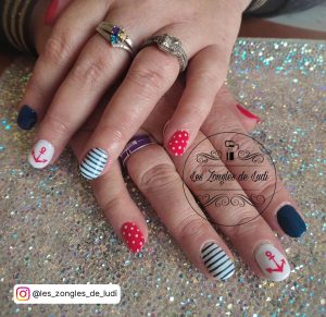 Cute Red White And Blue Nails With Lines And Dots