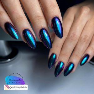 Dark Blue Acrylic Nails With Chrome Effect