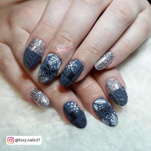 Dark Blue And Silver Nails With Glitter