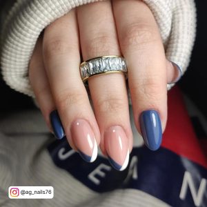 Dark Blue French Nails In Almond Shape