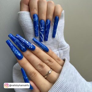 Dark Blue Nails With Design On Coffin Shape