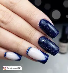 Dark Blue Nails With Glitter On Square Shape