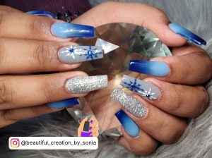 Dark Blue Ombre Acrylic Nails With Snowflakes And Glitter