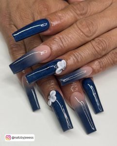 Dark Blue Ombre Nails With Flowers