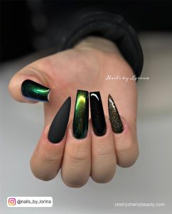 Dark Green And Black Nail Designs In Different Nail Shapes