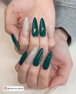 Dark Green And White Nails