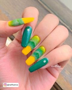 Dark Green And Yellow Nails