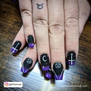 Dark Purple And Black Ombre Nails With Crosses And Stars