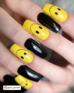 Easy Yellow And Black Nail Designs With Emoji