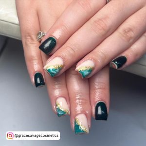 Emerald Green And Gold Acrylic Nails