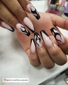 Flame Black Nails In French Tip Design