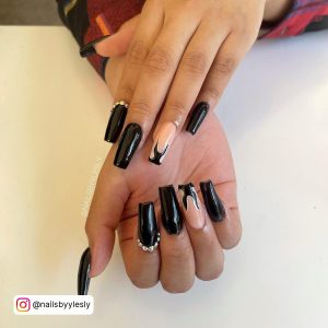 Flame Black Nails With Diamonds
