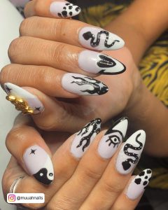 Flame Nails Black And White With Snake And Heart