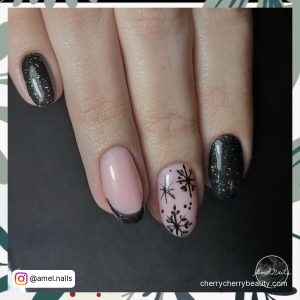 Glitter Black Nails With Snow Flakes