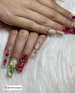 Glitter Red And White Coffin Nails