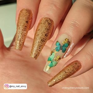 Gold Acrylic Coffin Butterfly Nails