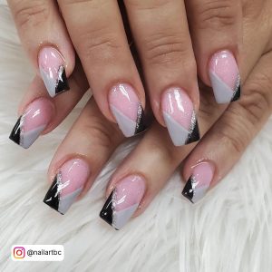 Gray And Black Acrylic Nails In French Tip Design