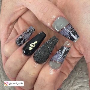 Gray And Black Acrylic Nails With Glitter On Coffin Shape