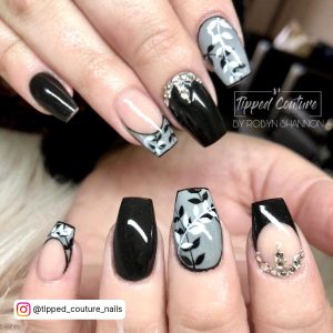 Gray And Black Gel Nails With Diamonds