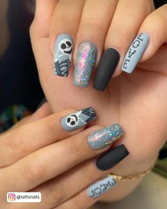 Gray And Black Matte Nails With Skeleton Design