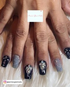 Gray And Black Nail Art With Rhinestones And Glitter
