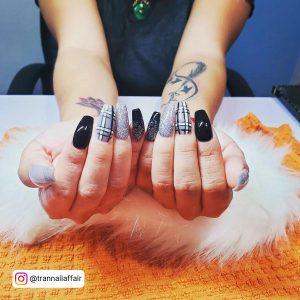 Gray Black And White Nails With Glitter And Check Pattern