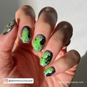 Green And Black Halloween Nails In Coffin Shape