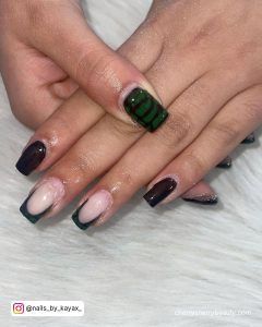 Green And Black Nail Art Designs In French Tip Design
