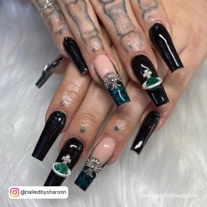 Green And Black Nail Art With Embellishments