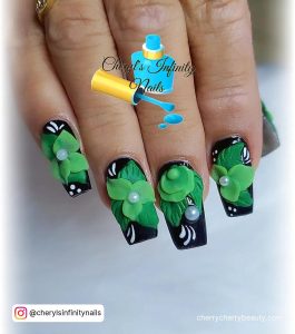 Green And Black Nail Designs With Flowers