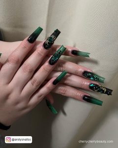 Green And Black Nail Ideas In Coffin Shape
