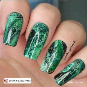 Green And Black Nails Designs With Marble Effect
