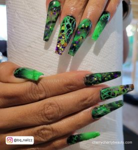 Green And Black Nails In Coffin Shape