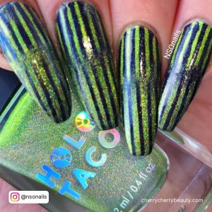 Green And Black Nails With Glitter