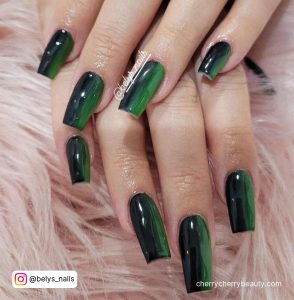 Green And Black Ombre Nails In Coffin Shape